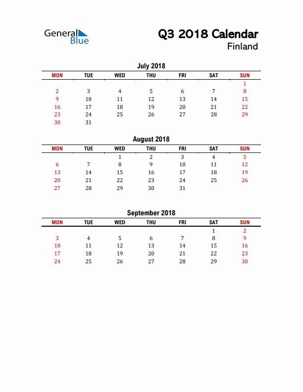 2018 Q3 Calendar with Holidays List for Finland