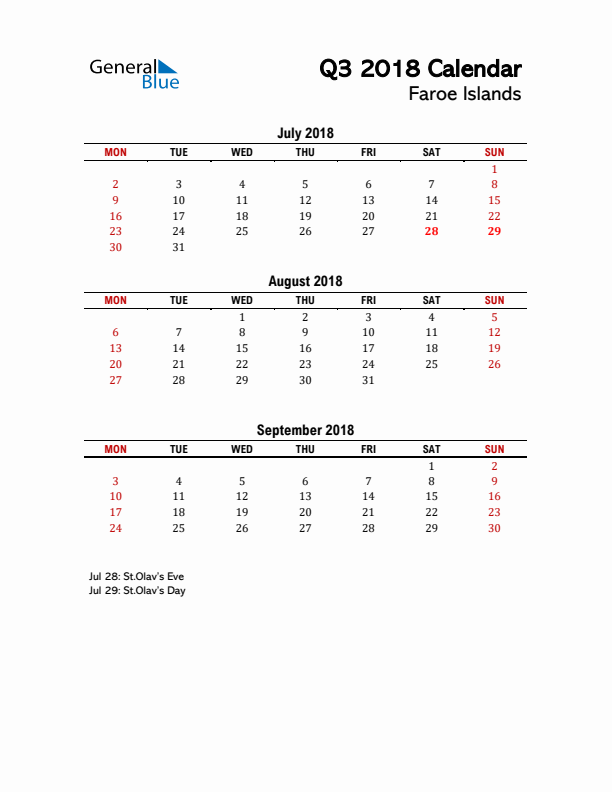 2018 Q3 Calendar with Holidays List for Faroe Islands