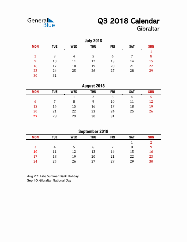 2018 Q3 Calendar with Holidays List for Gibraltar