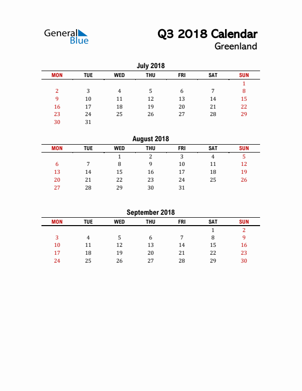 2018 Q3 Calendar with Holidays List for Greenland