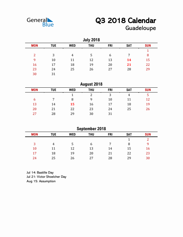 2018 Q3 Calendar with Holidays List for Guadeloupe