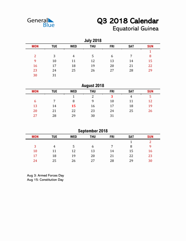 2018 Q3 Calendar with Holidays List for Equatorial Guinea