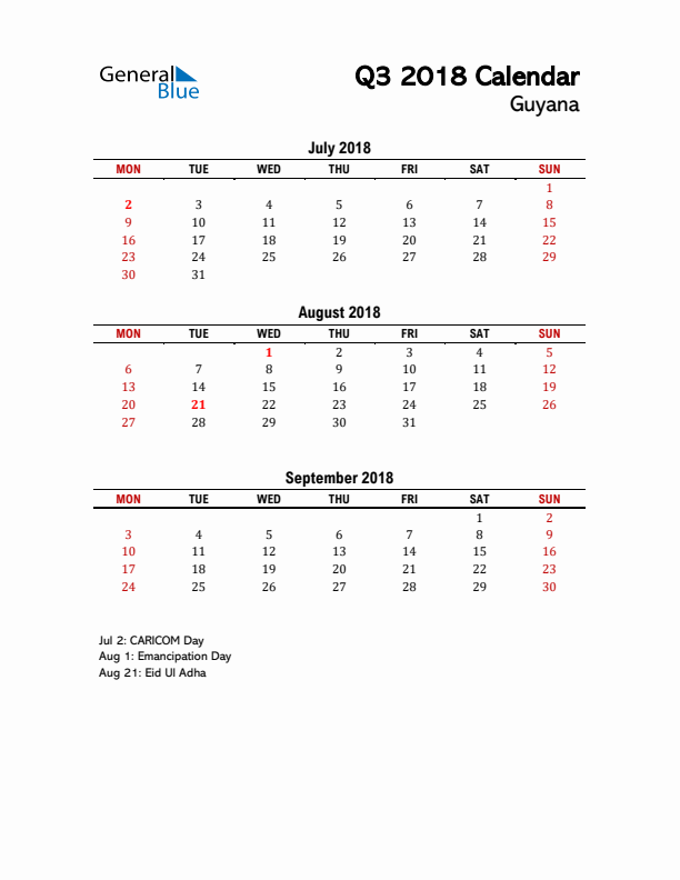 2018 Q3 Calendar with Holidays List for Guyana