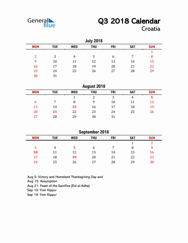 2018 Q3 Calendar with Holidays List for Croatia