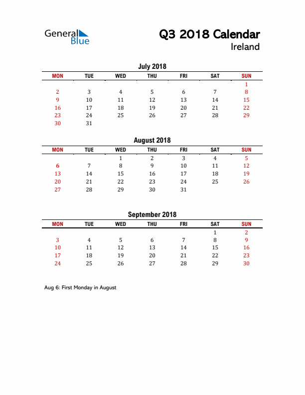 2018 Q3 Calendar with Holidays List for Ireland