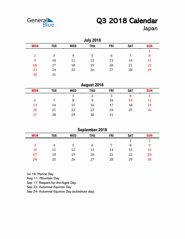 2018 Q3 Calendar with Holidays List for Japan