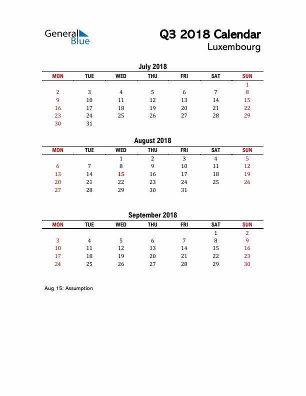 2018 Q3 Calendar with Holidays List for Luxembourg