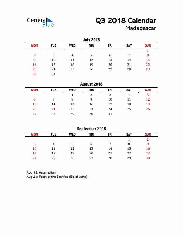 2018 Q3 Calendar with Holidays List for Madagascar