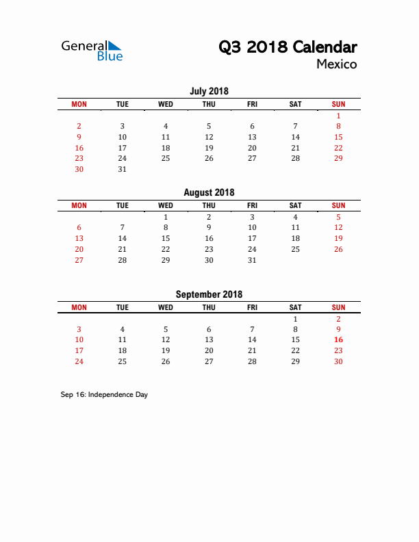 2018 Q3 Calendar with Holidays List for Mexico