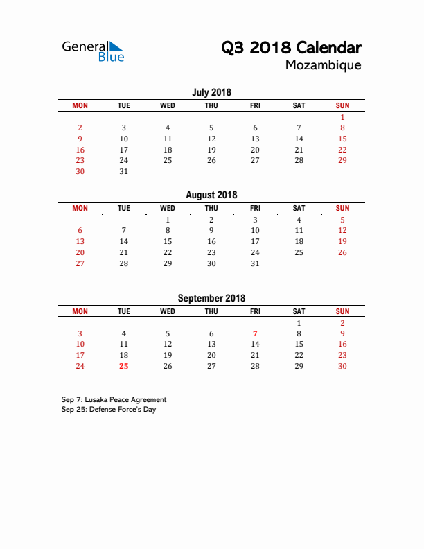 2018 Q3 Calendar with Holidays List for Mozambique