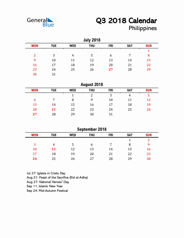 2018 Q3 Calendar with Holidays List for Philippines