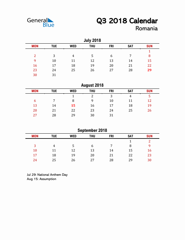 2018 Q3 Calendar with Holidays List for Romania