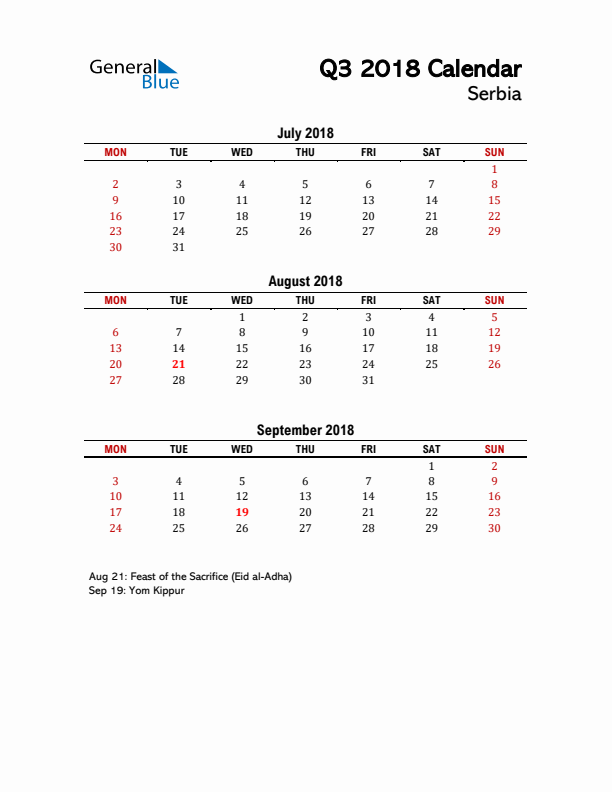 2018 Q3 Calendar with Holidays List for Serbia