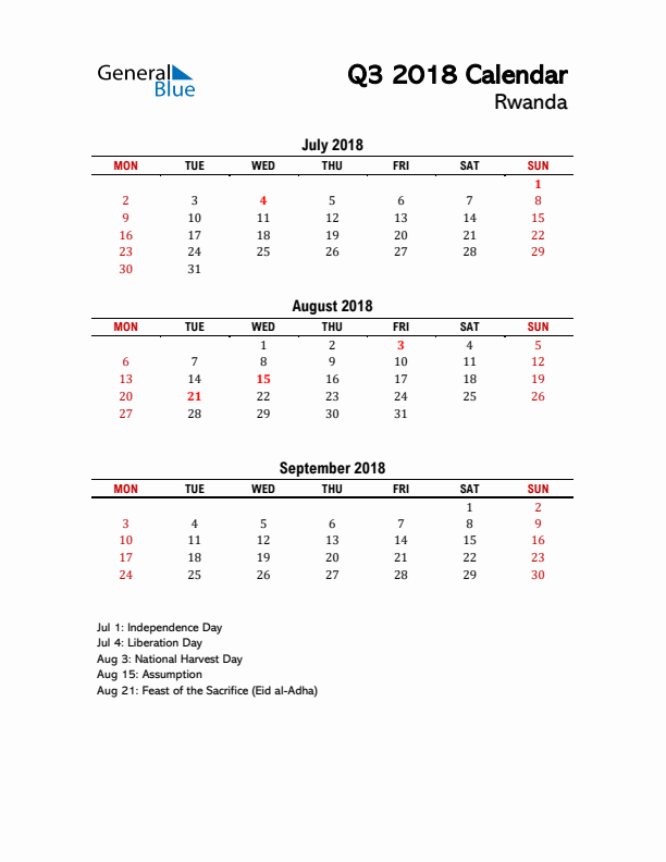 2018 Q3 Calendar with Holidays List for Rwanda