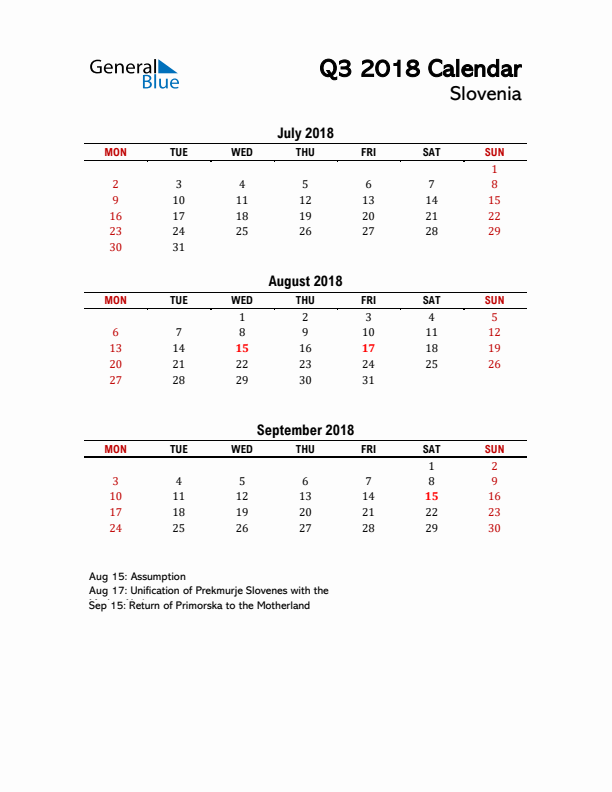 2018 Q3 Calendar with Holidays List for Slovenia