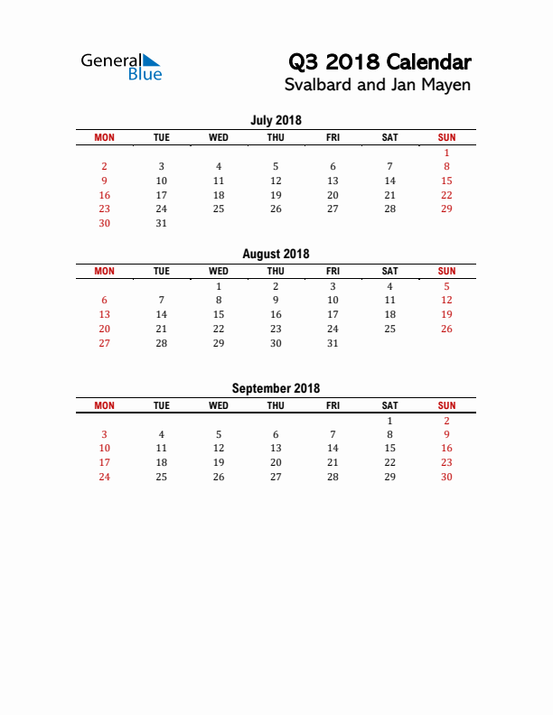 2018 Q3 Calendar with Holidays List for Svalbard and Jan Mayen