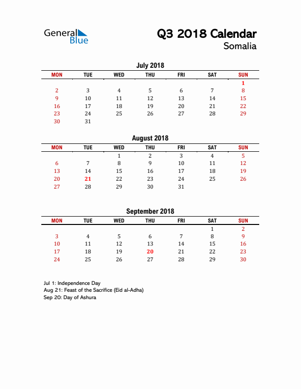 2018 Q3 Calendar with Holidays List for Somalia