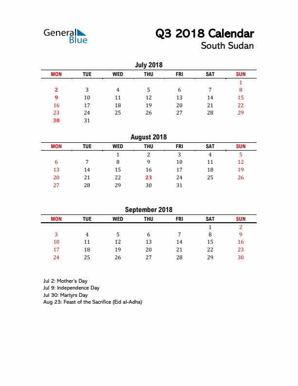 2018 Q3 Calendar with Holidays List for South Sudan