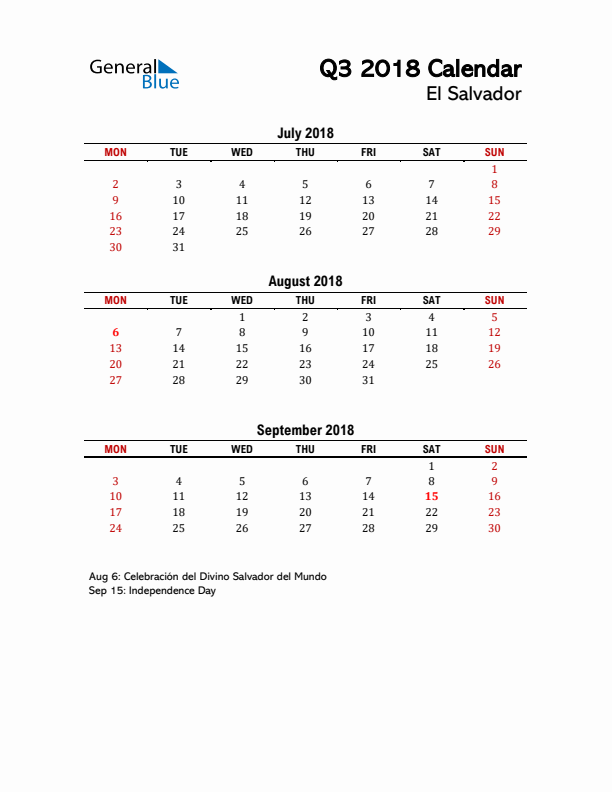 2018 Q3 Calendar with Holidays List for El Salvador