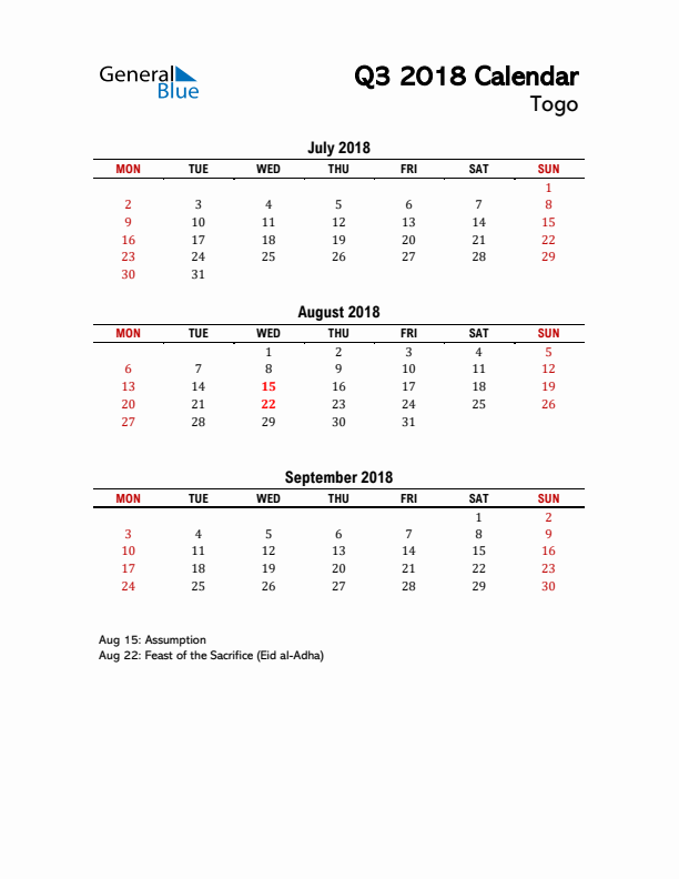 2018 Q3 Calendar with Holidays List for Togo