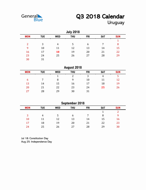 2018 Q3 Calendar with Holidays List for Uruguay