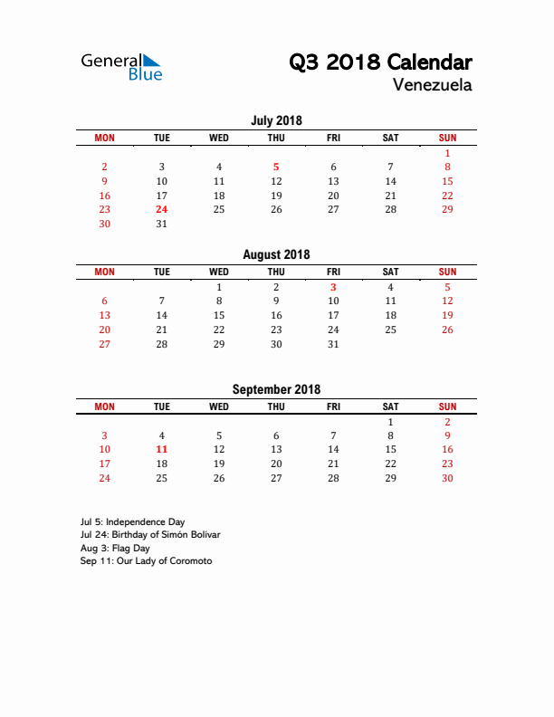 2018 Q3 Calendar with Holidays List for Venezuela