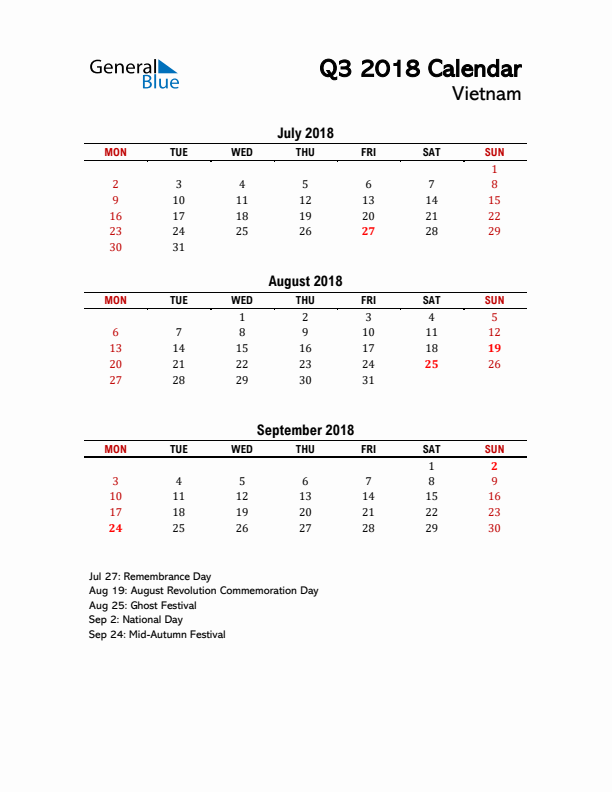 2018 Q3 Calendar with Holidays List for Vietnam