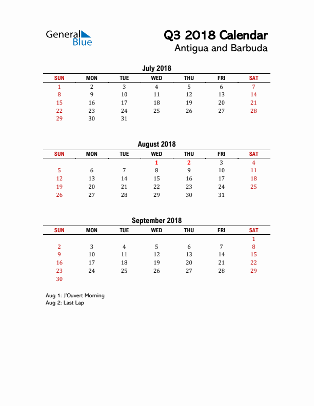 2018 Q3 Calendar with Holidays List for Antigua and Barbuda