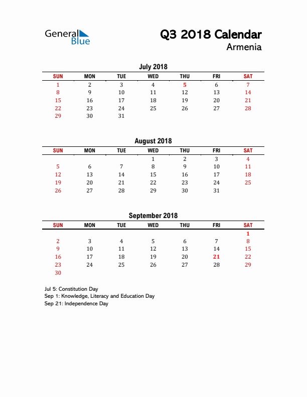 2018 Q3 Calendar with Holidays List for Armenia