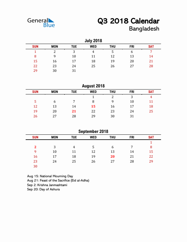 2018 Q3 Calendar with Holidays List for Bangladesh