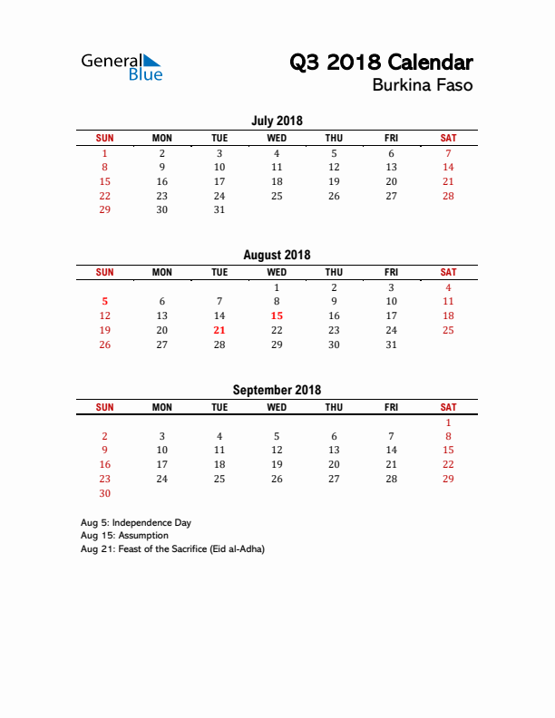 2018 Q3 Calendar with Holidays List for Burkina Faso