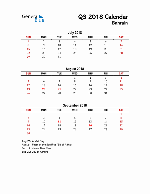 2018 Q3 Calendar with Holidays List for Bahrain