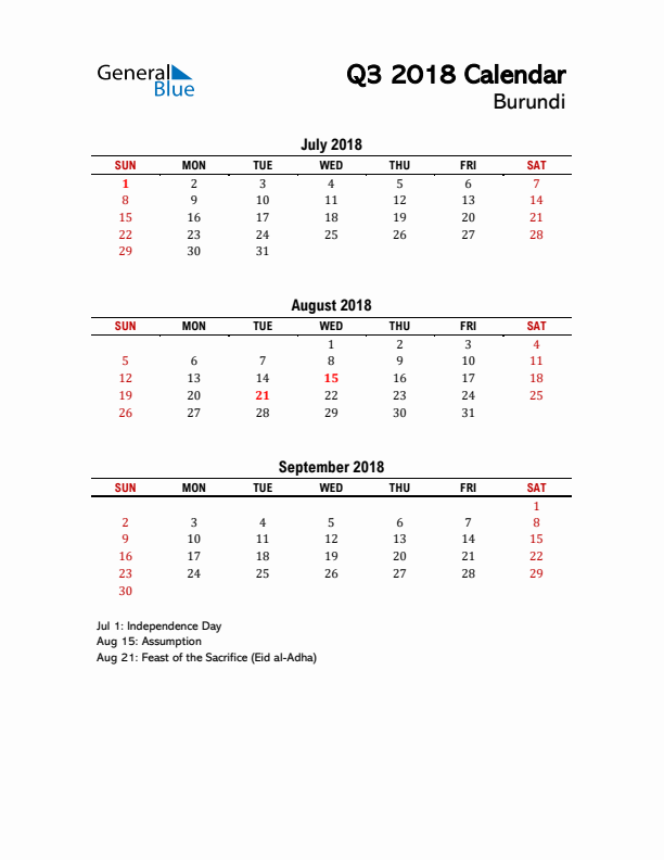 2018 Q3 Calendar with Holidays List for Burundi