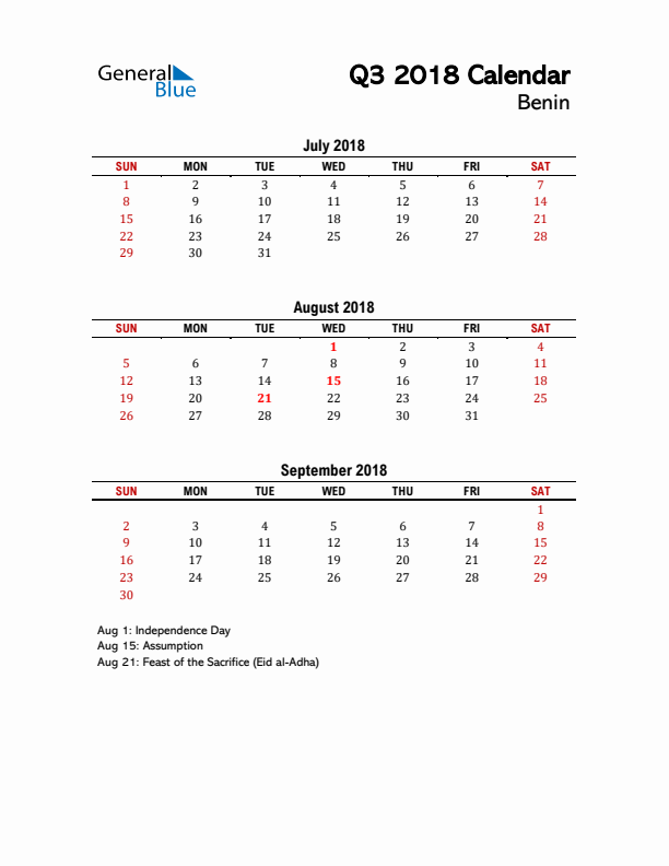 2018 Q3 Calendar with Holidays List for Benin