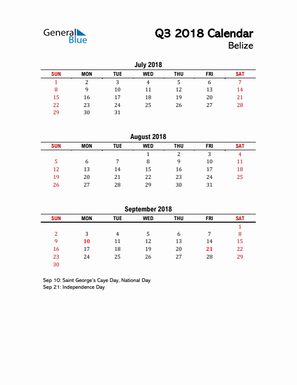 2018 Q3 Calendar with Holidays List for Belize