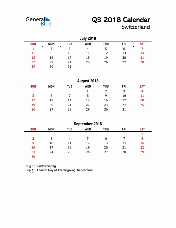 2018 Q3 Calendar with Holidays List for Switzerland