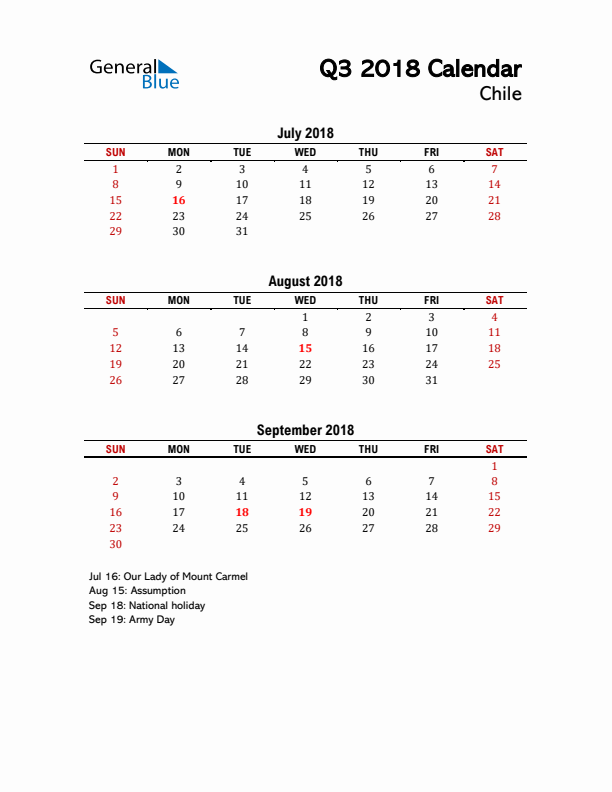 2018 Q3 Calendar with Holidays List for Chile