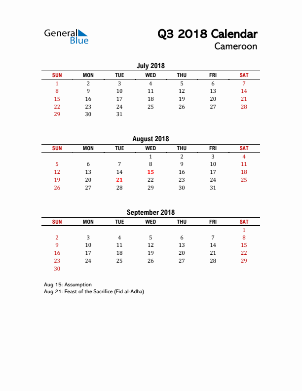 2018 Q3 Calendar with Holidays List for Cameroon