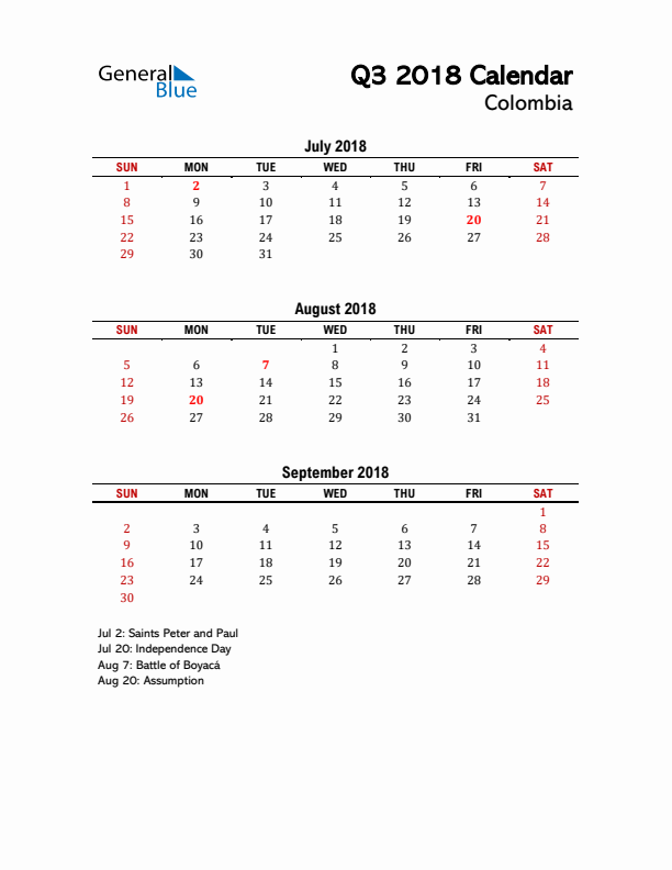 2018 Q3 Calendar with Holidays List for Colombia