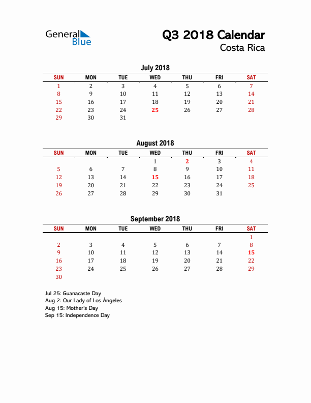 2018 Q3 Calendar with Holidays List for Costa Rica