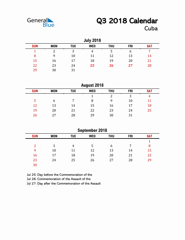 2018 Q3 Calendar with Holidays List for Cuba