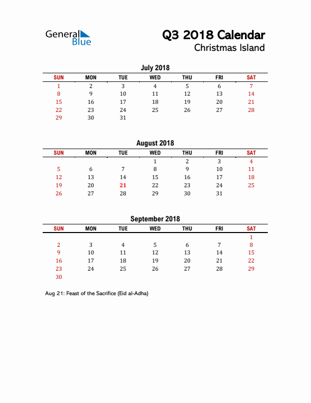 2018 Q3 Calendar with Holidays List for Christmas Island