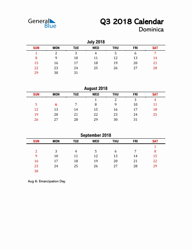 2018 Q3 Calendar with Holidays List for Dominica