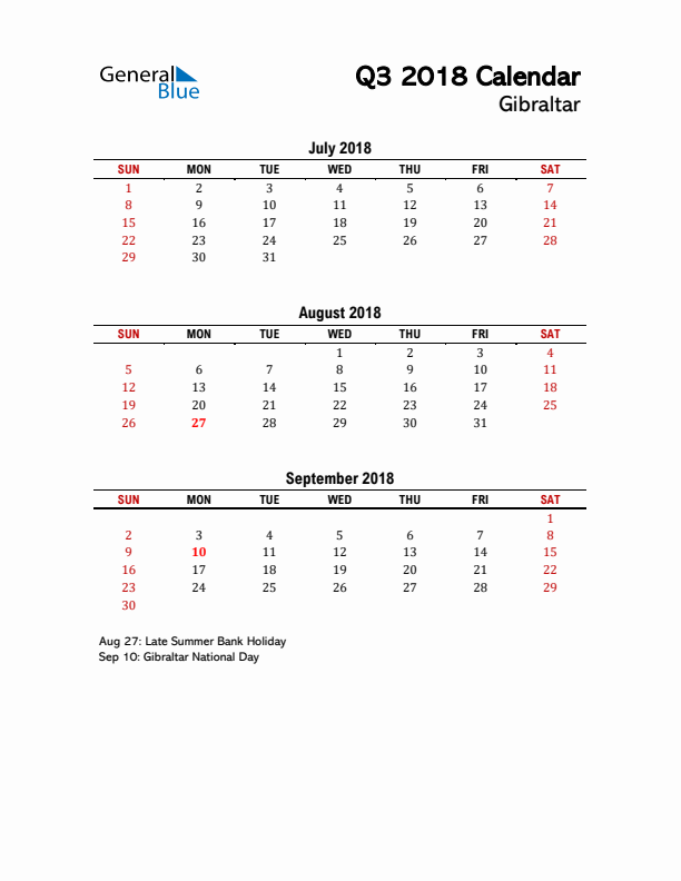 2018 Q3 Calendar with Holidays List for Gibraltar