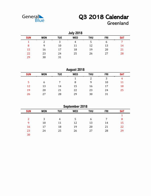 2018 Q3 Calendar with Holidays List for Greenland