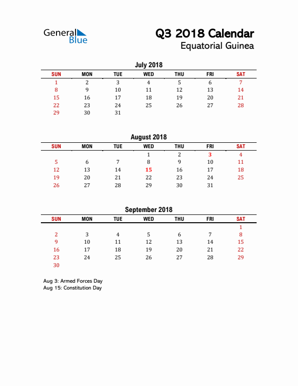 2018 Q3 Calendar with Holidays List for Equatorial Guinea