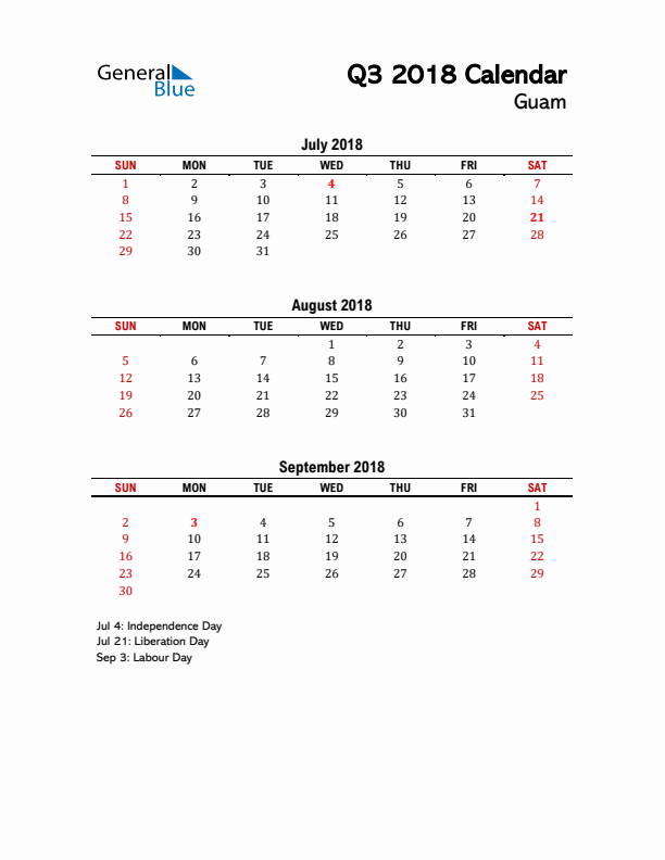 2018 Q3 Calendar with Holidays List for Guam