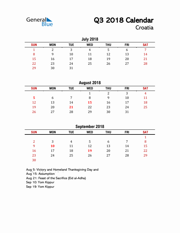 2018 Q3 Calendar with Holidays List for Croatia