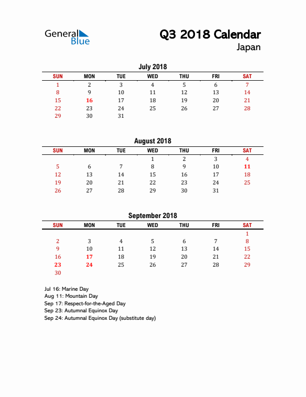 2018 Q3 Calendar with Holidays List for Japan