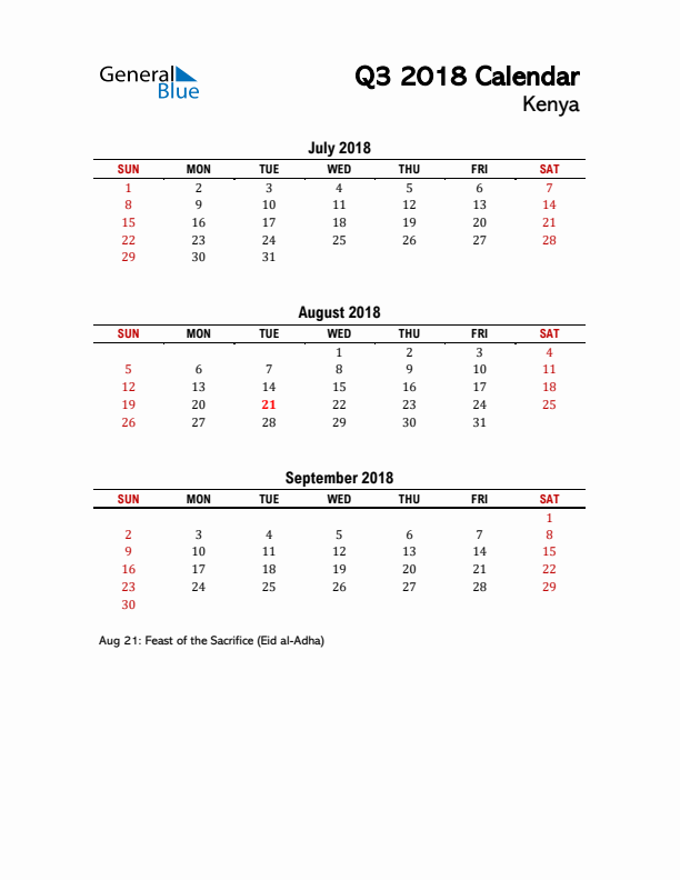 2018 Q3 Calendar with Holidays List for Kenya